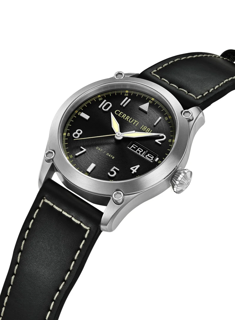 شيروتي 1881 Borgatello Black Dial Leather Strap Analog Watch for Men, 42mm