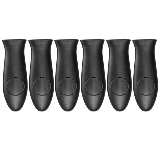 SILICONE HOT HANDLER HOLDER REUSABLE DISWASHER 6 PCS HEAT RESISTANT POT HANDLE SLEEVE NONSLIP POTHOLDER DISHWASHER SAFE RUBBER GRIP HANDLE COVER FOR PANS CAST IRON GRIDDLES COOKWARE HANDLES BLACK