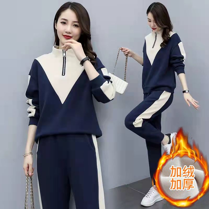Thickened fleece-lined Sports suit Women''s Autumn and Winter 2024 New Korean-style Long-sleeved Sweat Casual Wear Two-piece Set Trendy Color-matching - Image 1