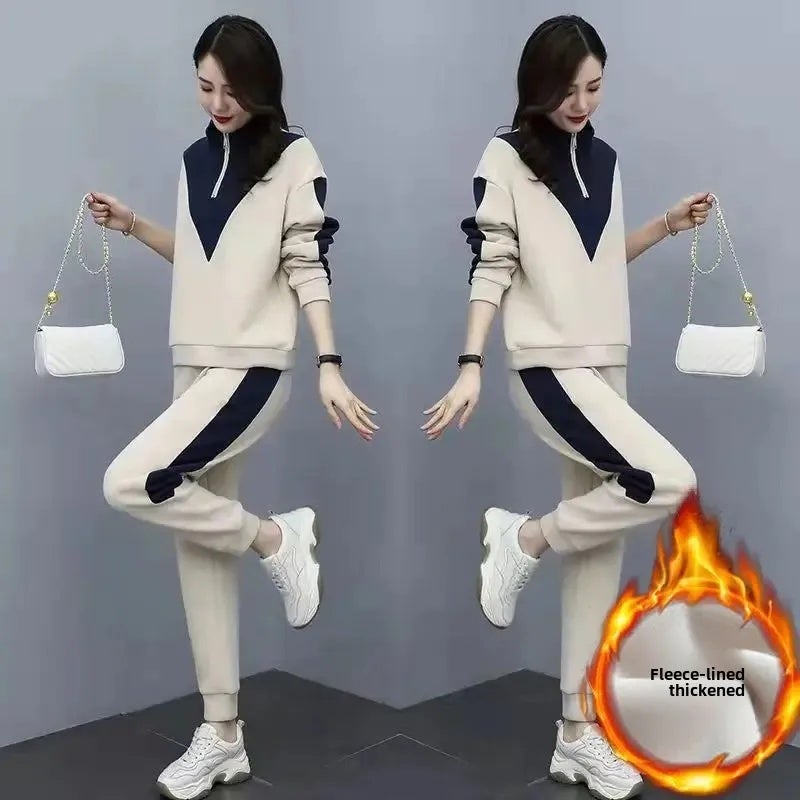 Thickened fleece-lined Sports suit Women''s Autumn and Winter 2024 New Korean-style Long-sleeved Sweat Casual Wear Two-piece Set Trendy Color-matching - Image 5