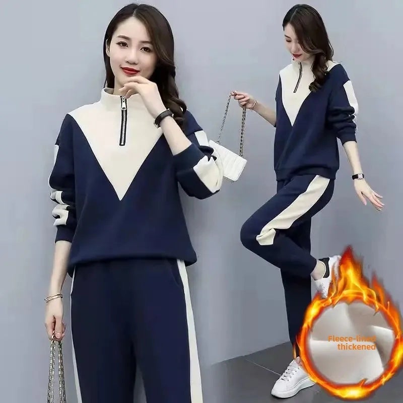 Thickened fleece-lined Sports suit Women''s Autumn and Winter 2024 New Korean-style Long-sleeved Sweat Casual Wear Two-piece Set Trendy Color-matching - Image 2