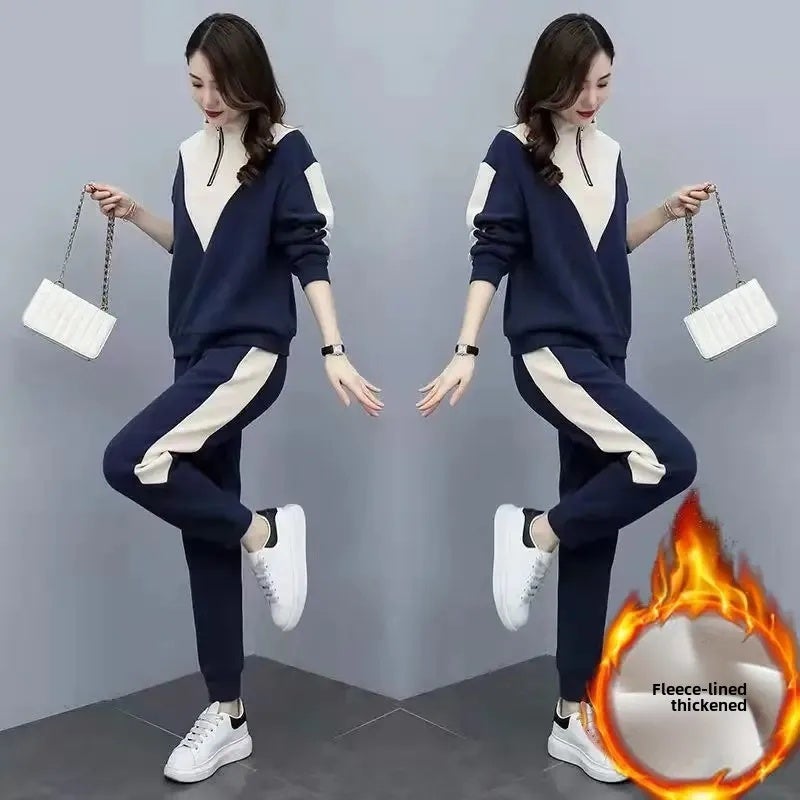 Thickened fleece-lined Sports suit Women''s Autumn and Winter 2024 New Korean-style Long-sleeved Sweat Casual Wear Two-piece Set Trendy Color-matching - Image 4
