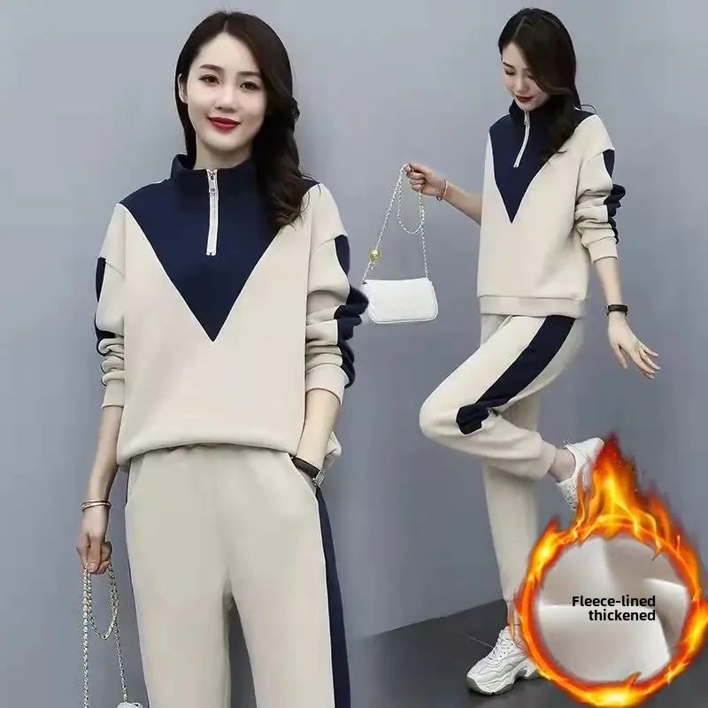 Thickened fleece-lined Sports suit Women''s Autumn and Winter 2024 New Korean-style Long-sleeved Sweat Casual Wear Two-piece Set Trendy Color-matching - Image 3