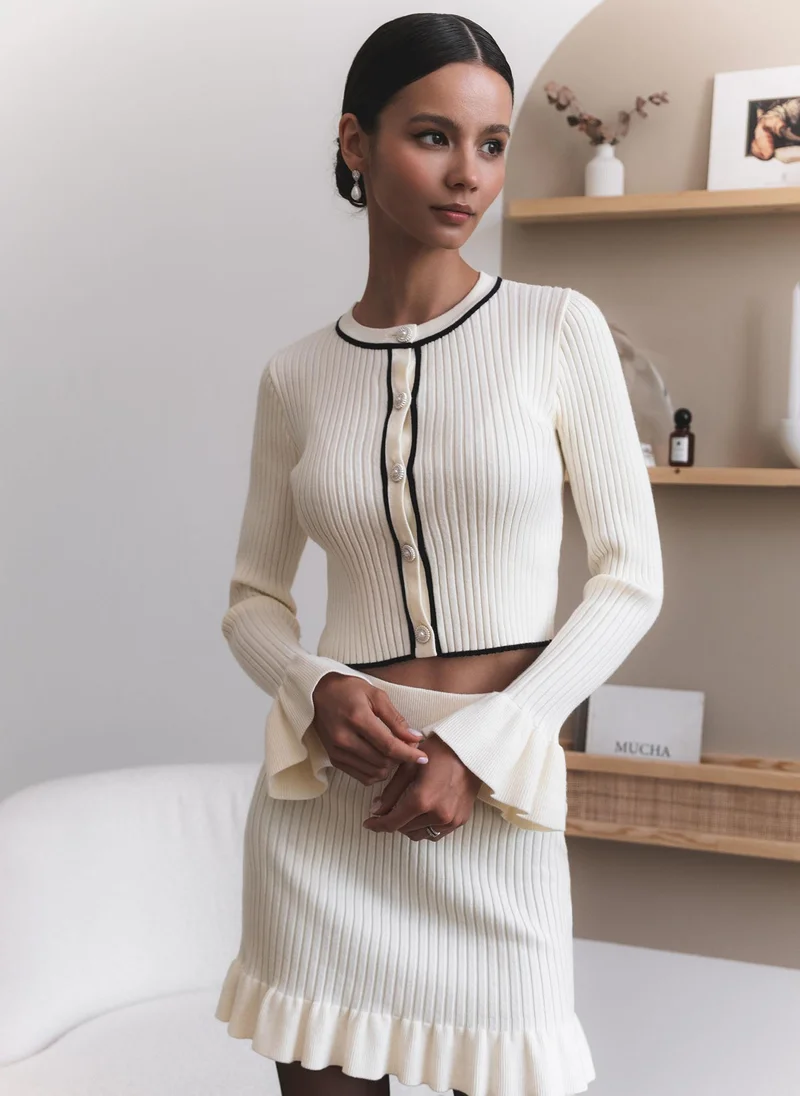 Lichi Rib-knit cardigan with cuff flounces