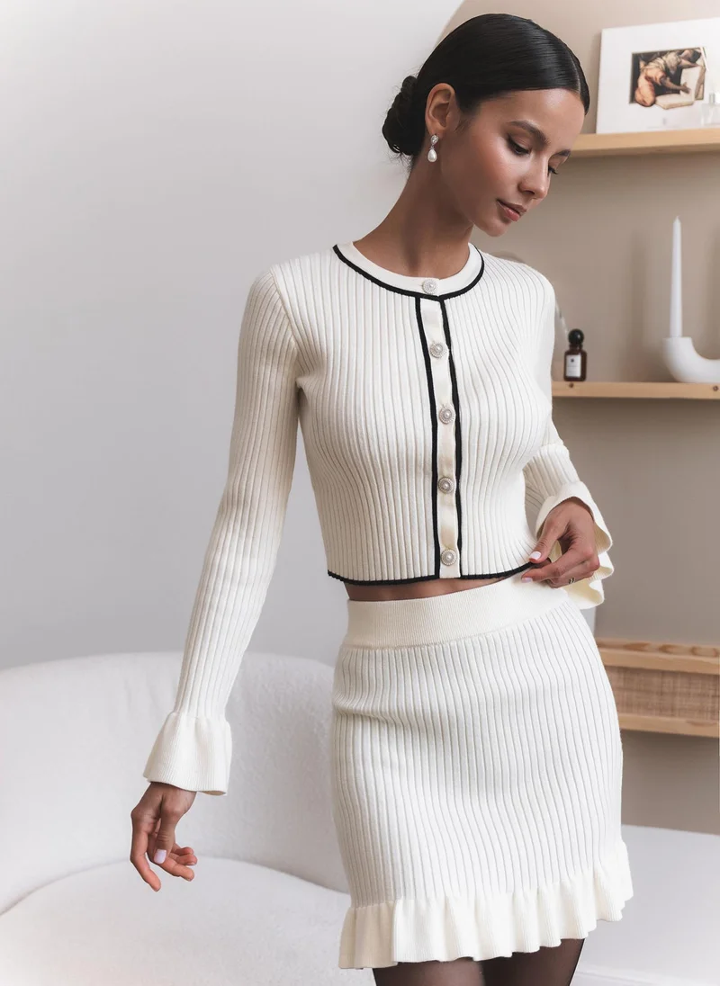 Lichi Rib-knit cardigan with cuff flounces