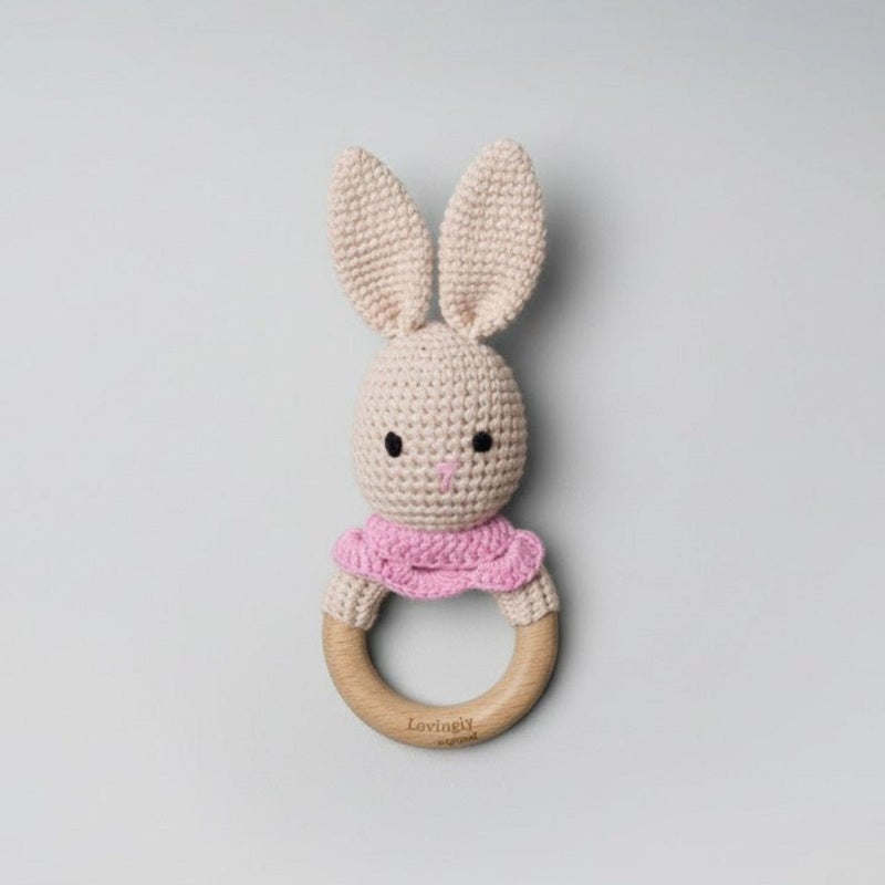 Lovingly Signed Bunny Rattle Teether - Pink - Image 1