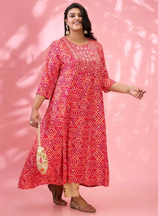 globus Globus Plus Size Red Geometric Print A-Line Kurta