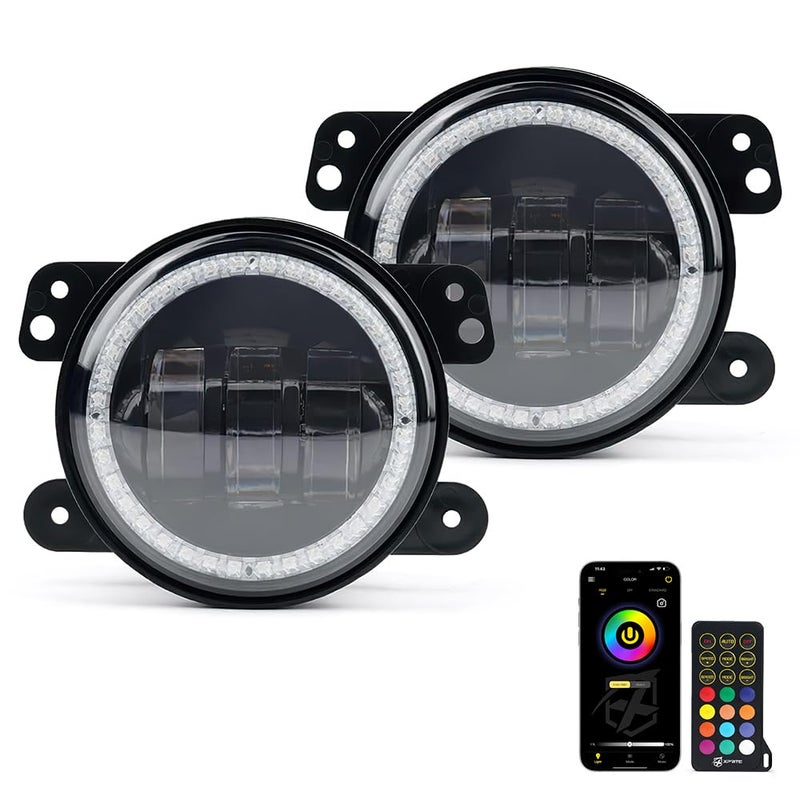 Xprite Fog Lights with RGB Halo Angel Ring and Turn Signal Light IR Bluetooth Wireless Dual Controlled Foglight Compatible with 20072018 Jeep Wrangler JK DOT Approved