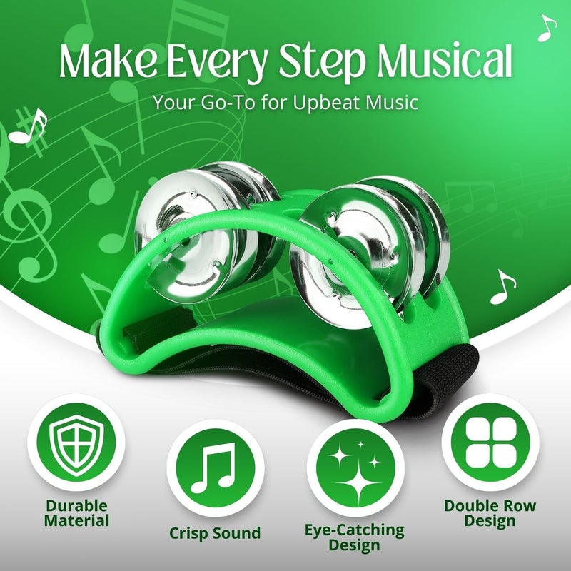 Flexzion Foot Tambourine Percussion with Double Row Steel Jingles - Foot Shaker Musical Instrument Drum Party Shoes Gift Singer Vocalists Cajon & Guitar Players (Green) - Image 2