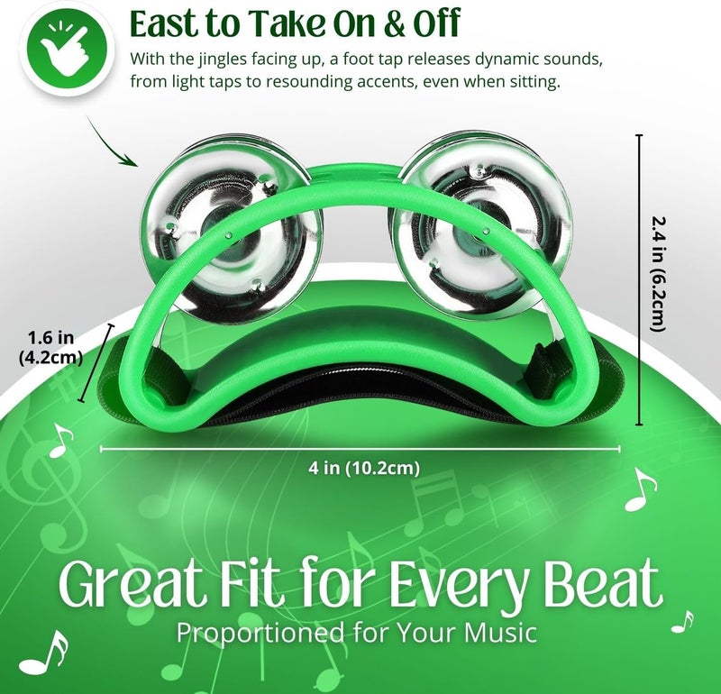 Flexzion Foot Tambourine Percussion with Double Row Steel Jingles - Foot Shaker Musical Instrument Drum Party Shoes Gift Singer Vocalists Cajon & Guitar Players (Green) - Image 4