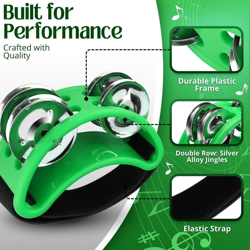 Flexzion Foot Tambourine Percussion with Double Row Steel Jingles - Foot Shaker Musical Instrument Drum Party Shoes Gift Singer Vocalists Cajon & Guitar Players (Green) - Image 3