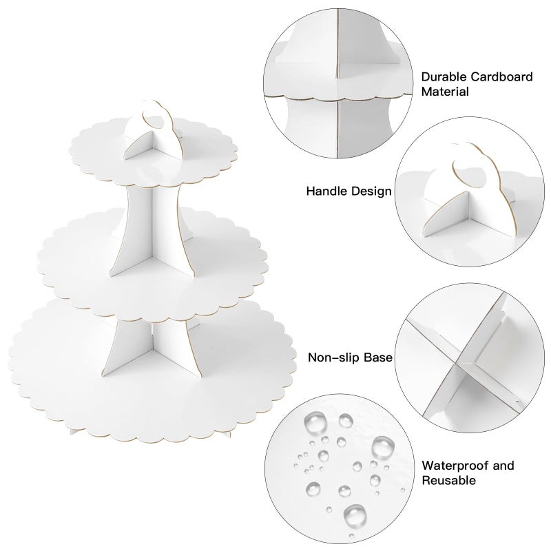Soleebee 3-Tier Cupcake Stand, Cardboard Cupcake Tower, Dessert Cup Cake Stand Tower for Birthday Wedding Party Decoration, Cupcake Tier Stand 1 Set (White) - Image 3