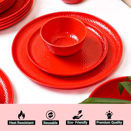 MARKET 99 مجموعة عشاء صلبة من 20 قطعة من ميلامين أحمر من ماركت 99 - 6 صحون كاملة و6 صحون ربع + 6 أطباق + 2 طبق تقديم | أدوات مائدة للديكور والمطبخ - Image 2