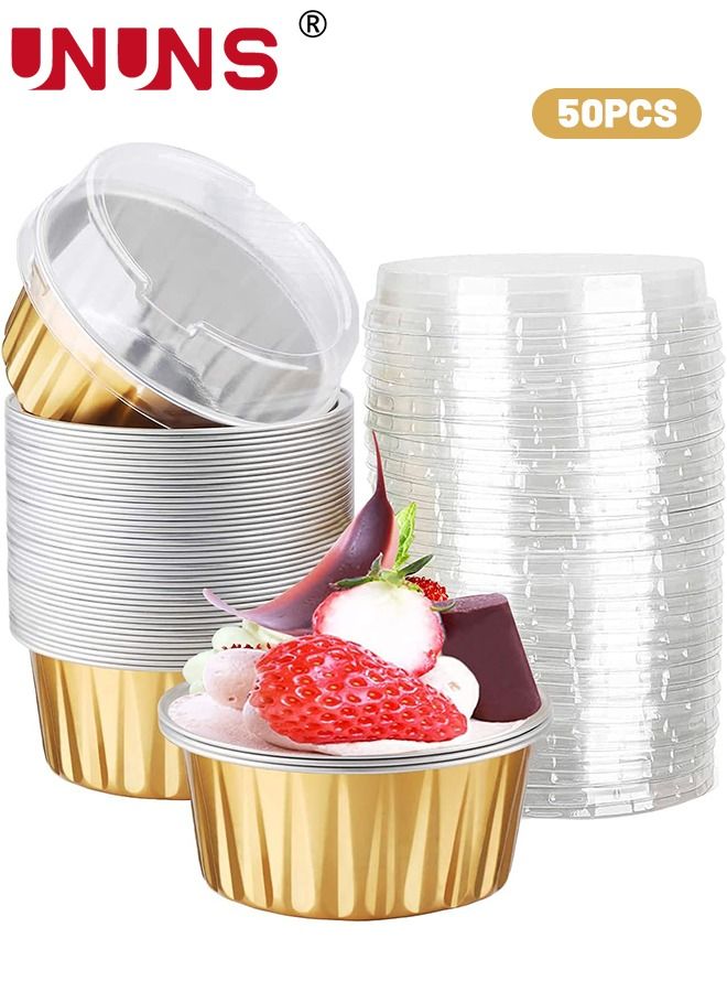 UNUNS Aluminum Foil Baking Cups,50pcs 5oz Disposable Aluminum Foil Cupcake With Lids, Dessert Cups Creme Brulee Ramekins Muffin Cake Cheesecake Pan For Souffle Wedding Birthday Party - Image 1