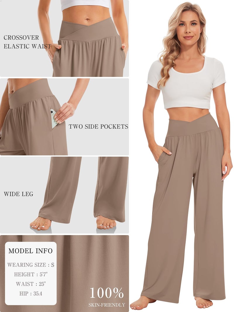 TARSE Womens Wide Leg Pants Petite Casual Loose Yoga Sweatpants Comfy Lounge Pajama Flowy Pants Pockets(LightCoffee,S) - Image 4