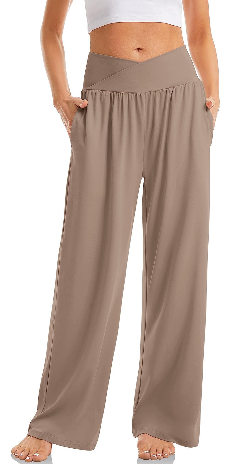 TARSE Womens Wide Leg Pants Petite Casual Loose Yoga Sweatpants Comfy Lounge Pajama Flowy Pants Pockets(LightCoffee,S) - Image 1