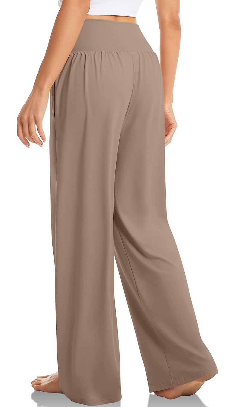TARSE Womens Wide Leg Pants Petite Casual Loose Yoga Sweatpants Comfy Lounge Pajama Flowy Pants Pockets(LightCoffee,S) - Image 2