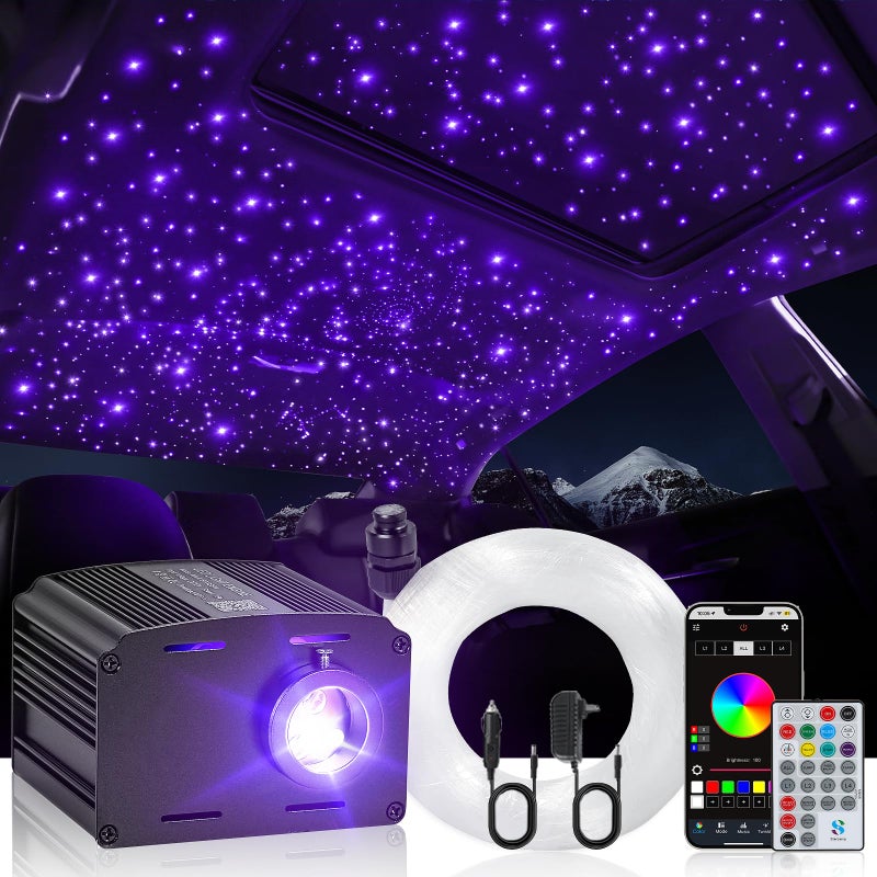 16W Twinkle & Music Sound Activated Starlight Headliner Kit for Car Home Star Ceiling, RGBW 300pcs*0.03in*9.8ft Fiber Optic Car Roof Sky Lights, APP& Remote Controlled Engine End Glow Fiber Strands - Image 1