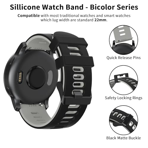 Tobfit 22mm Strap Compatible with Amazfit GTR 47mm, Amazfit GTR 2/2e/3/3 Pro/4, Amazfit BIP 6/5, Stratos/2/2s/3，SmartWatch band with Stainless Steel Buckle - Black/gray - Image 2