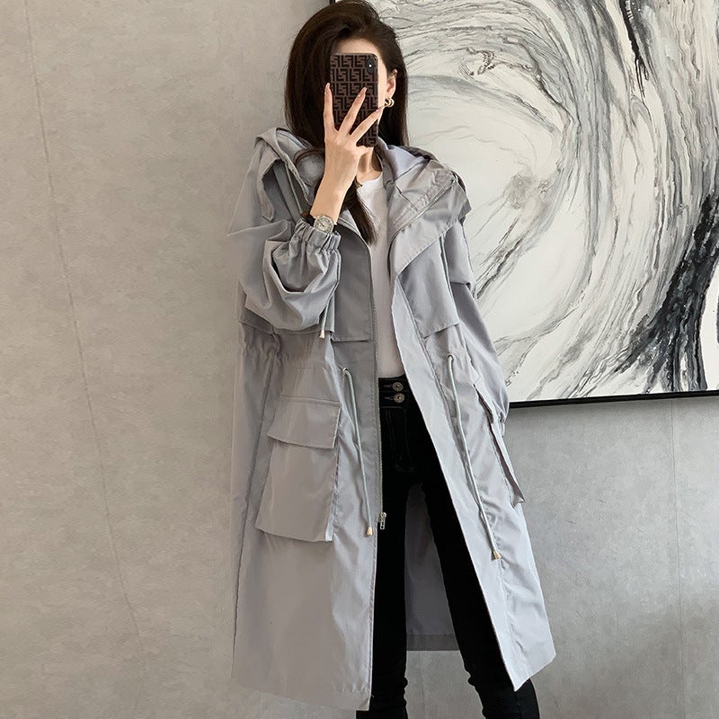 Womens windbreaker long 2023 new small this year popular tooling explosions early spring and autumn thin coat Grey 