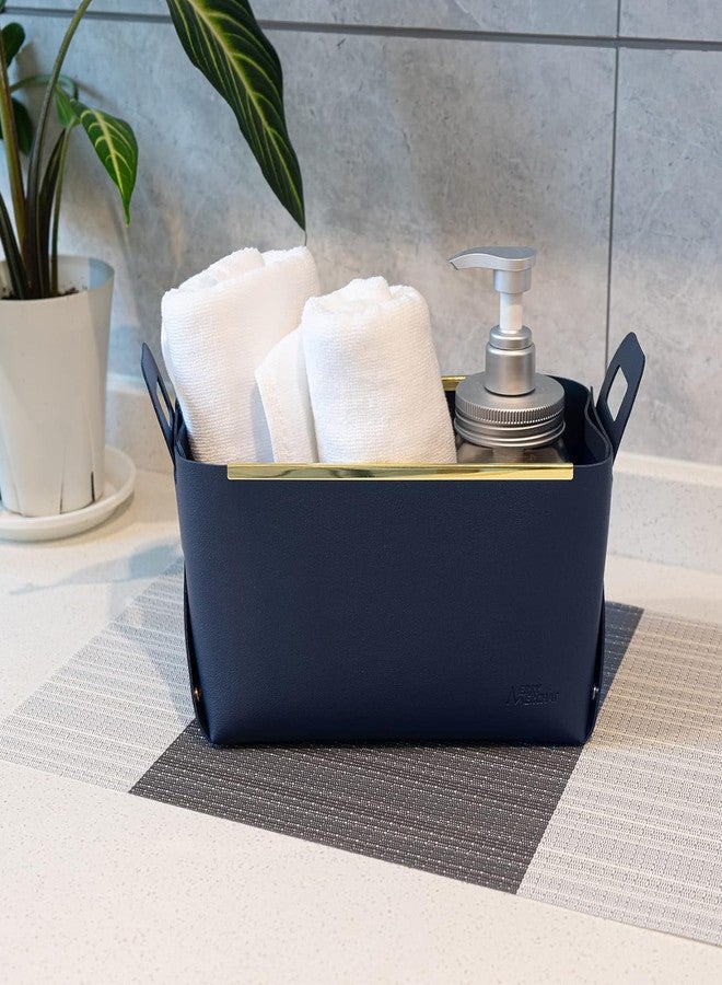 Jumix Foldable Storage Basket Bin, Faux Leather Organizer Container Box with Handles,Small Leather Foldable Tissue Box for Desktop or Table Entryway Table Key, Wallet, Watch, Coin Change (NAVY) - Image 2