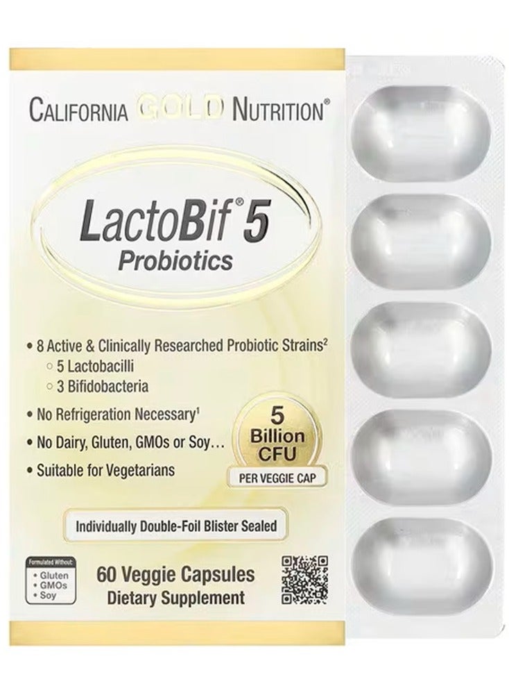 California Gold Nutrition LactoBif 5 Probiotic 5 Billion CFU 60 Veggie Capsule  - Image 1