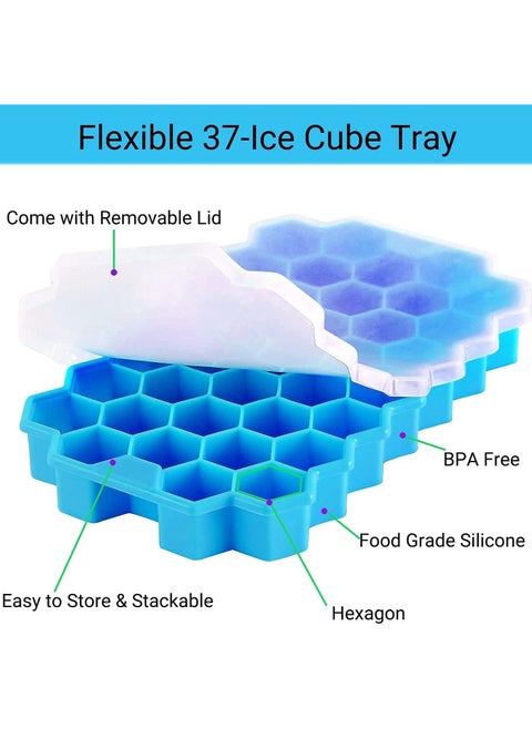 Honeycomb Silicone Flexible Ice Cube Tray with Lid, 37 Holes, Flexible and Soft Suitable for Beverage Fridge Freezer for Making Small Ice Cubes - blue