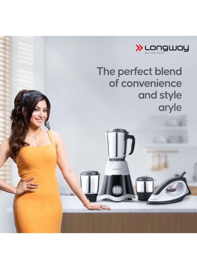 لونج واي Longway Super Dlx Mixer Grinder with Kwid 1100W Dry Iron | Up to 700 Watt Powerful Motor | 3 Jars for Grinding, Mixing, Juicing | 2 Year Warranty (Black & Gray, Combo Offer) - Image 5