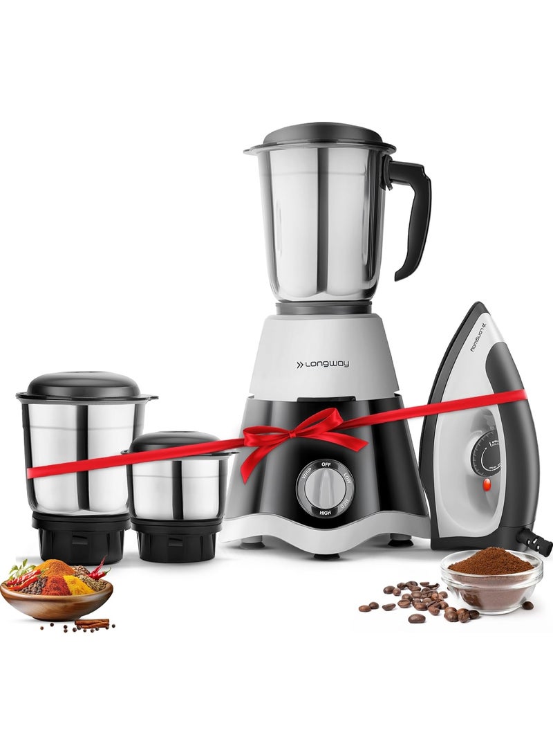 لونج واي Longway Super Dlx Mixer Grinder with Kwid 1100W Dry Iron | Up to 700 Watt Powerful Motor | 3 Jars for Grinding, Mixing, Juicing | 2 Year Warranty (Black & Gray, Combo Offer) - Image 1