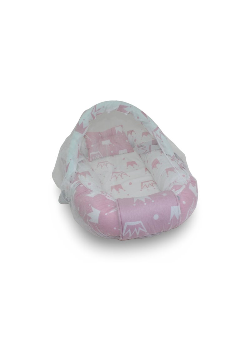 Kiddy Cotton Baby Nest – Pink with Crown Print - Image 1