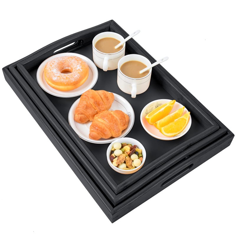 AKKAJJ 3 Pack Bamboo Serving Trays with Handles, Rectangular Kitchen Food Tray for Eating, Dinner Trays for Eating on Couch, Wood Serving Platter for Breakfast, Tea, Bar, Restaurant, Party or Bed (Black) - Image 2
