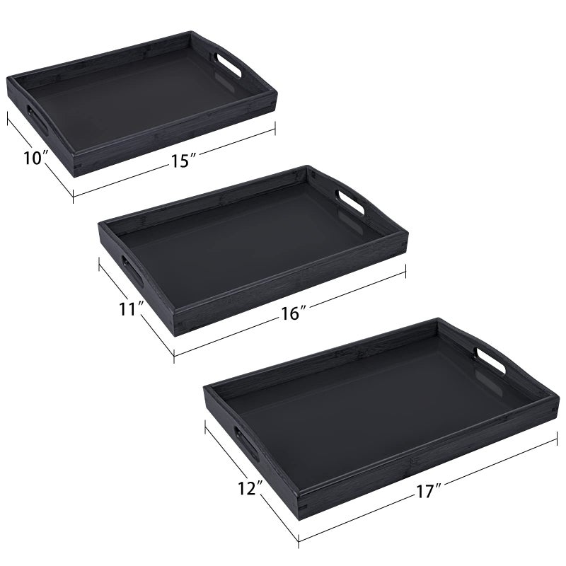 AKKAJJ 3 Pack Bamboo Serving Trays with Handles, Rectangular Kitchen Food Tray for Eating, Dinner Trays for Eating on Couch, Wood Serving Platter for Breakfast, Tea, Bar, Restaurant, Party or Bed (Black) - Image 4