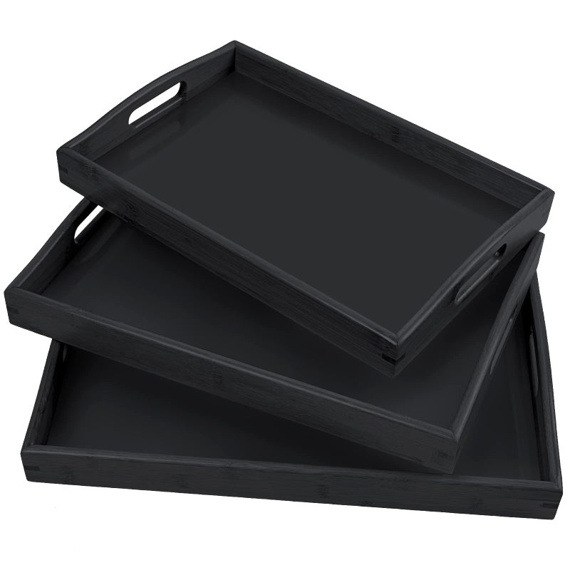 AKKAJJ 3 Pack Bamboo Serving Trays with Handles, Rectangular Kitchen Food Tray for Eating, Dinner Trays for Eating on Couch, Wood Serving Platter for Breakfast, Tea, Bar, Restaurant, Party or Bed (Black) - Image 3