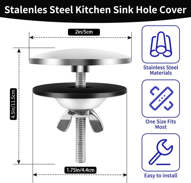 Quadafy 2 Inch Kitchen Sink Hole Covers, Faucet Hole Cover Stainless Steel Wash Basin Kitchen Sink Tap Hole Plate Stopper, Sealed Decoration Hole Cover (Silver) - Image 3