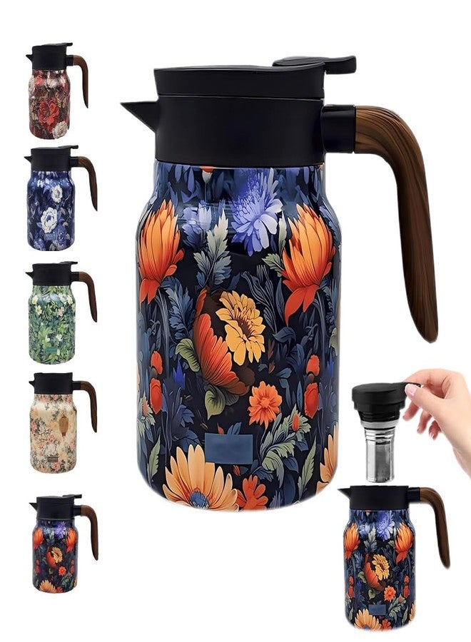 TBHAPY Vintage Floral Pattern Tea Pots - Built-in Infuser,Vintage Floral Teapot with Built In Infuser Stainless Steel Thermal Carafe with Lid for Hot Drinks,Purple(Wooden handle,35oz) - Image 1