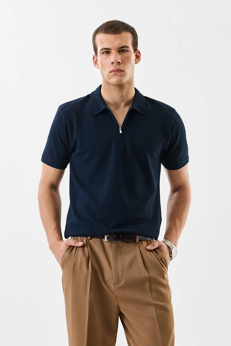 SNITCH Regular Fit Textured Zipper Polo T-Shirt