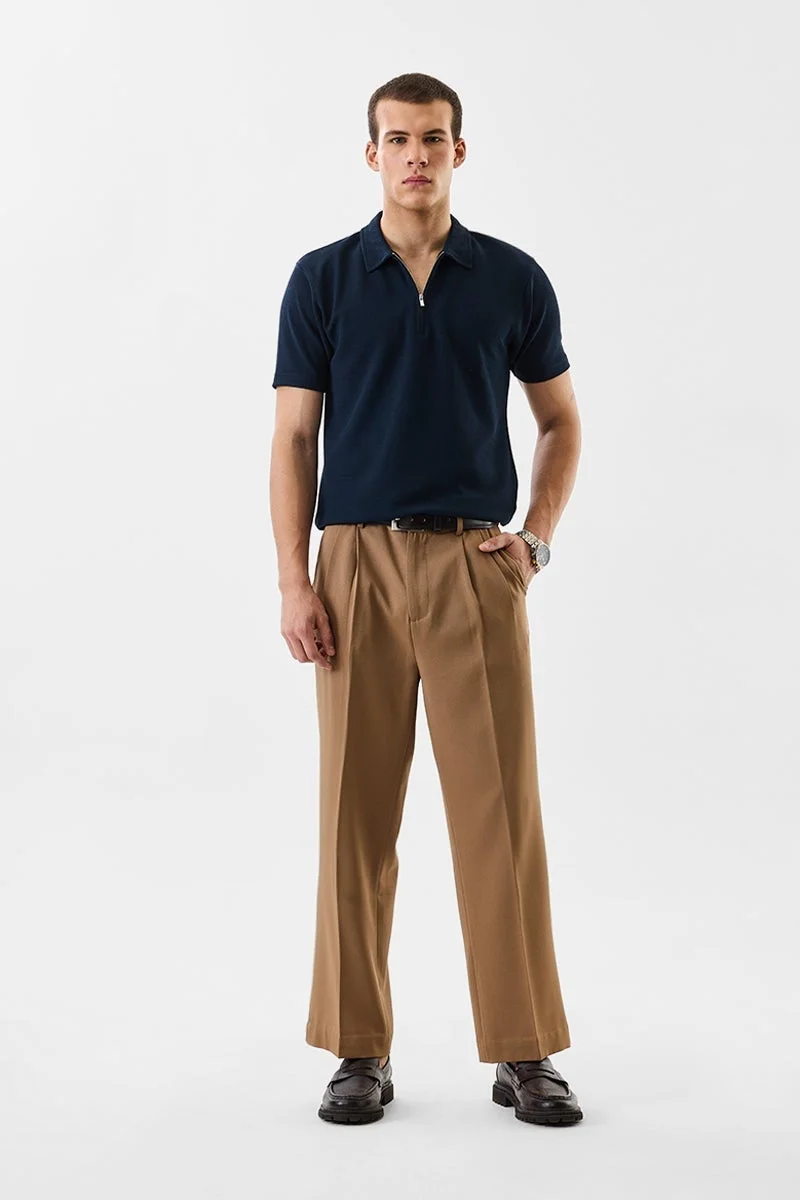 SNITCH Regular Fit Textured Zipper Polo T-Shirt