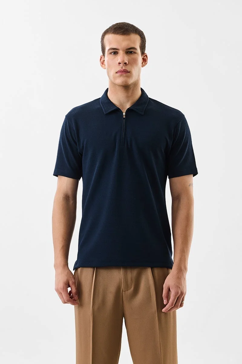 SNITCH Regular Fit Textured Zipper Polo T-Shirt
