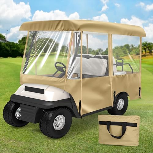SHANTRA Golf Cart Enclosure, Golf Cart Cover for 4 Passengers with 4-Sided Transparent Windows, Portable & Universal Rain Cover with Carrying Bag - Waterproof, Brown - Image 1