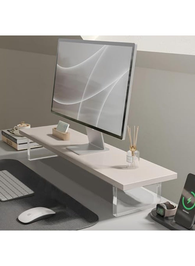 حامل شاشة أبيض، إطار خشبي قابل لتعديل الارتفاع بطول 60 سم، مناسب للتلفزيونات/الشاشات/أجهزة الكمبيوتر/الطابعات/أجهزة الكمبيوتر المحمولة، حامل كمبيوتر مع مساحة لتخزين لوحة المفاتيح، منظم سطح المكتب - Image 1