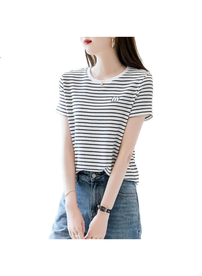 dme (Dme) Women'S Combed Cotton Waffle Grid T-Shirt With Round Neck, Letter Embroidery, Puff Sleeves, And Color Block Design - Image 3