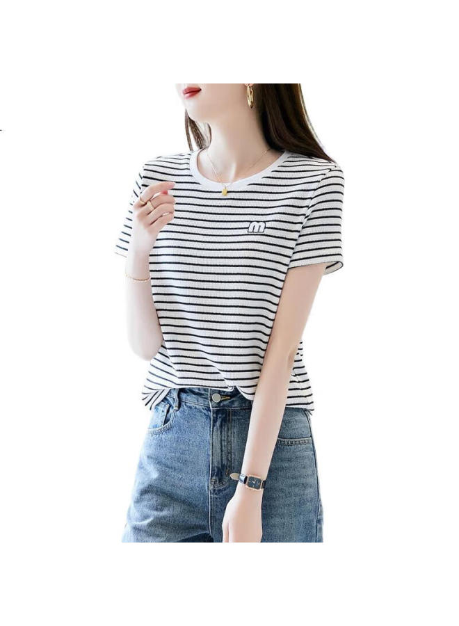 dme (Dme) Women'S Combed Cotton Waffle Grid T-Shirt With Round Neck, Letter Embroidery, Puff Sleeves, And Color Block Design - Image 2