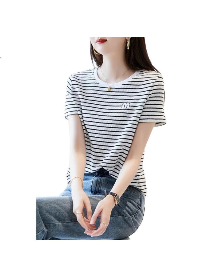 dme (Dme) Women'S Combed Cotton Waffle Grid T-Shirt With Round Neck, Letter Embroidery, Puff Sleeves, And Color Block Design - Image 1