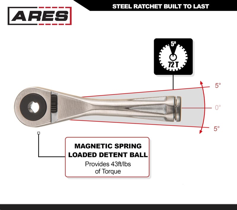 ARES ARES 70040-1/4-Inch Drive Close Quarter Micro Bit Ratchet | Mini Screwdriver with High Torque 72-Tooth Gearhead - 5 Degree Sweep - Spring Loaded Detent Ball Bit Holder  - Image 3