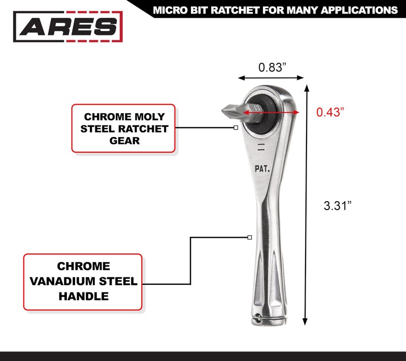ARES ARES 70040-1/4-Inch Drive Close Quarter Micro Bit Ratchet | Mini Screwdriver with High Torque 72-Tooth Gearhead - 5 Degree Sweep - Spring Loaded Detent Ball Bit Holder  - Image 2
