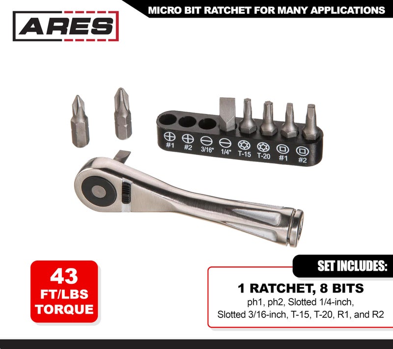 ARES ARES 70040-1/4-Inch Drive Close Quarter Micro Bit Ratchet | Mini Screwdriver with High Torque 72-Tooth Gearhead - 5 Degree Sweep - Spring Loaded Detent Ball Bit Holder  - Image 4