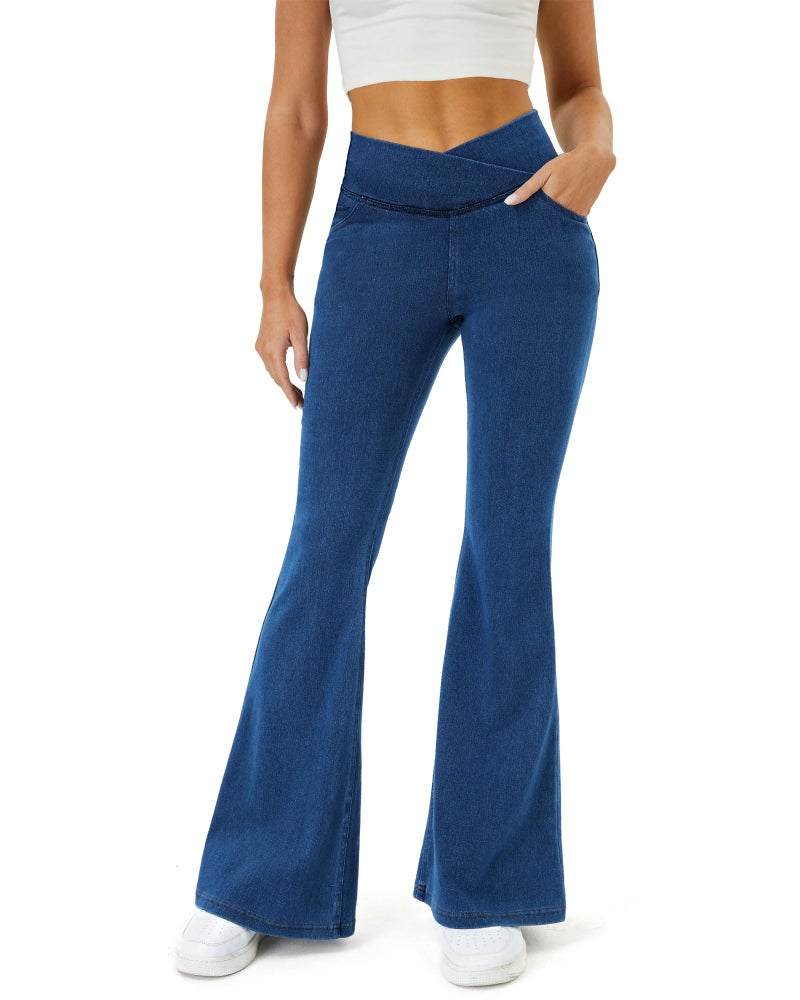 COPYLEAF Bell Bottom Jeans for Women Trendy Crossover Stretchy Jeans Flare Leggings with Pockets Y2k Butt Lifting Jeggings Medium Wash - Image 1