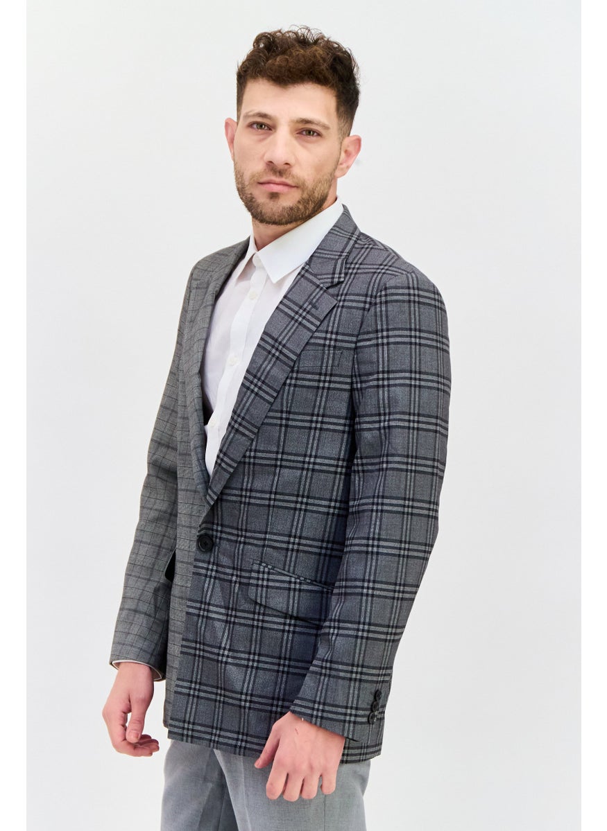 SELECTED Men Fashion Fit Plaid Semi Formal Blazer, Grey Combo  - Image 2