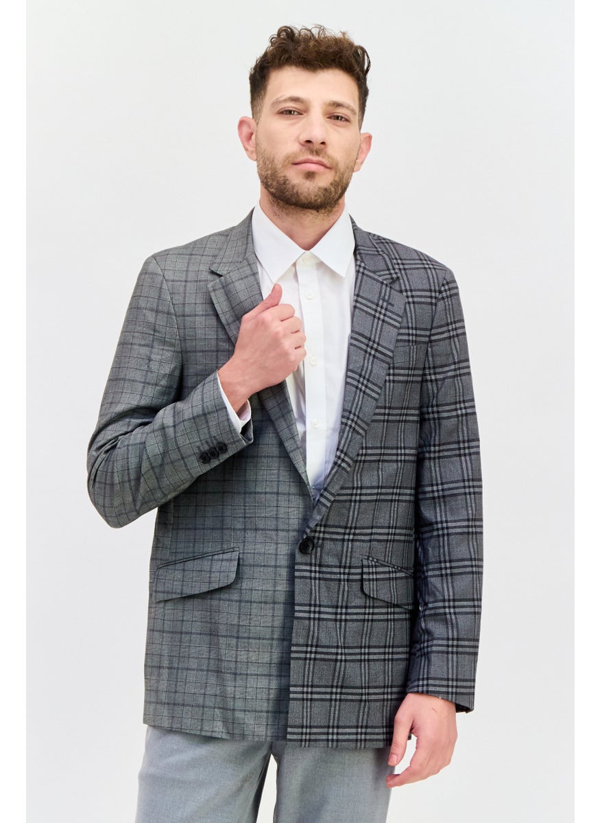 SELECTED Men Fashion Fit Plaid Semi Formal Blazer, Grey Combo  - Image 1