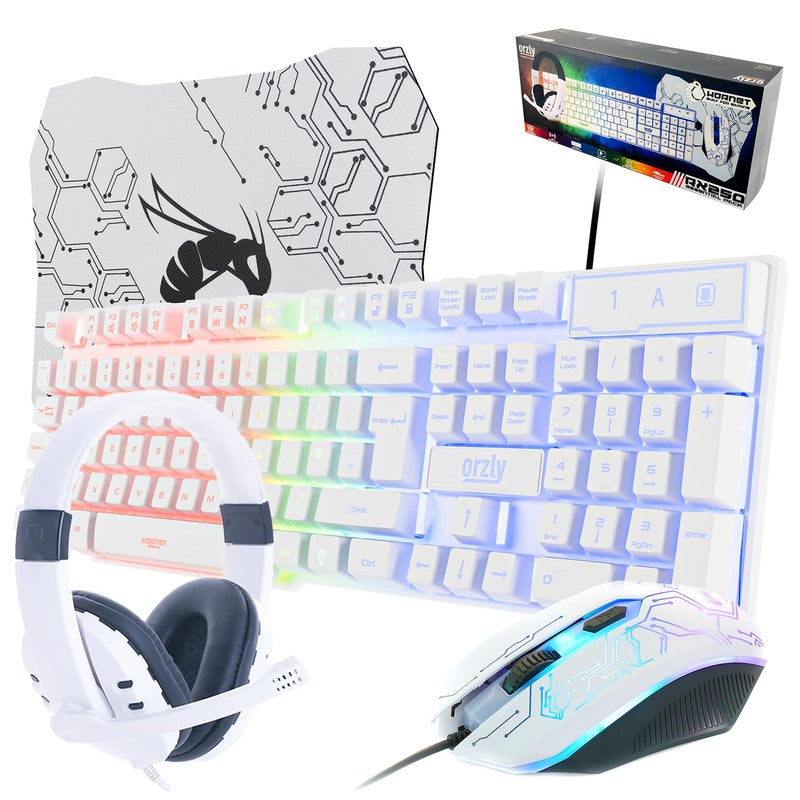 Orzly Gaming Keyboard and Mouse and Gaming Headset & Mouse Pad, Wired LED RGB Backlight Bundle for PC Gamers Users - 4 in 1 White Edition Hornet RX-250 - Image 1